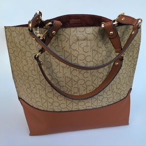 RETAIL $178 NWOT Calvin Klein Signature Large Shoulder Bag Purse Tote Tan Brown